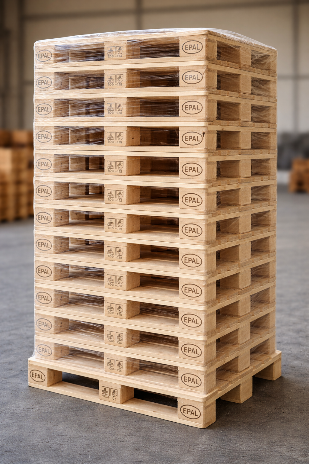 Stack of new EPAL euro pallets ready for delivery
